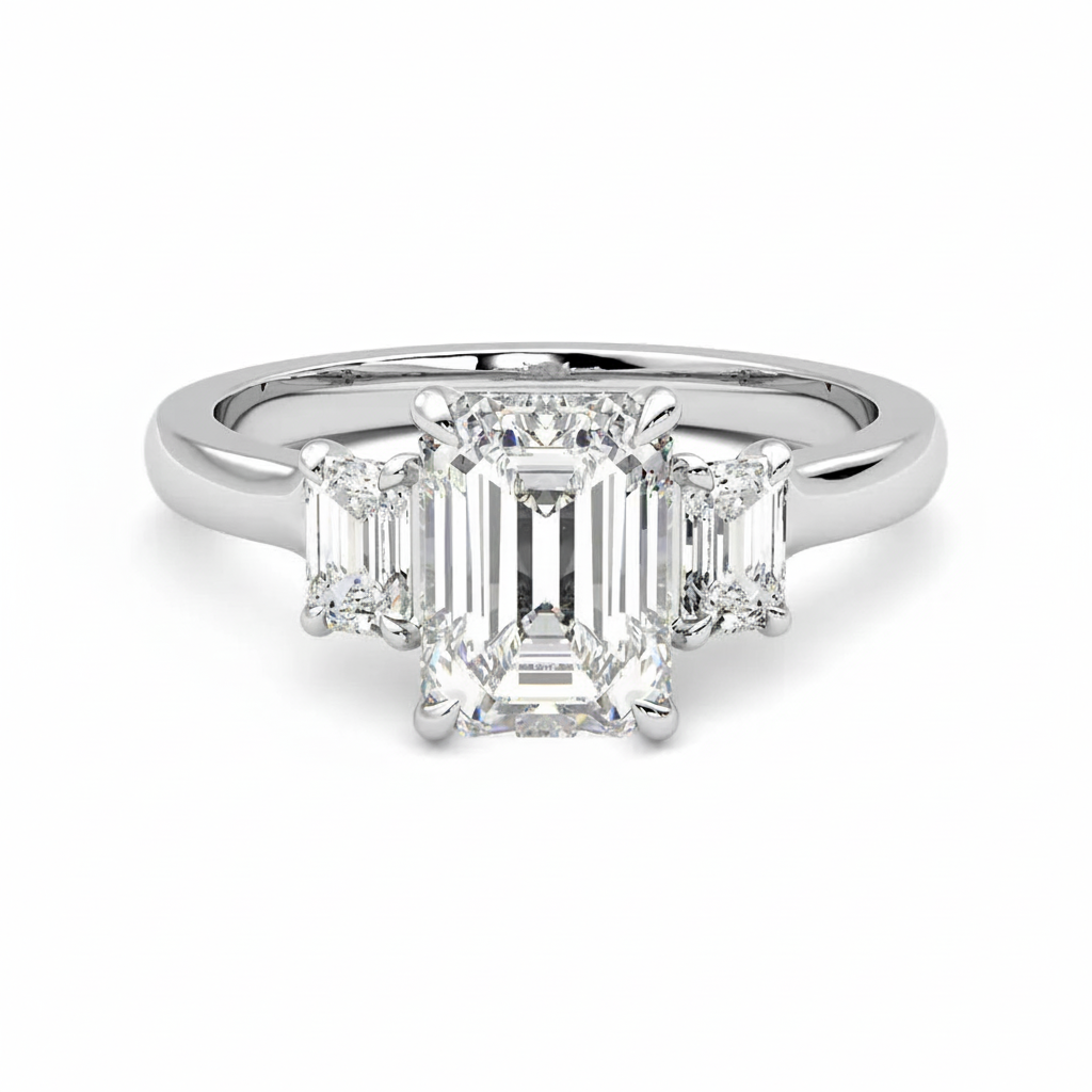 Three Stone Emerald Cut Cultured Diamond Engagement Ring, 1.00 ct