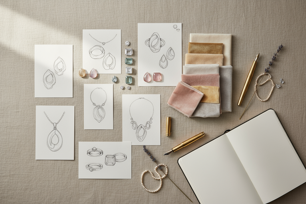 A flat lay of a jewelry design mood board with sketches, gemstone samples, and soft fabric swatches, warm natural light, neutral beige background, clean luxury aesthetic, 8K.