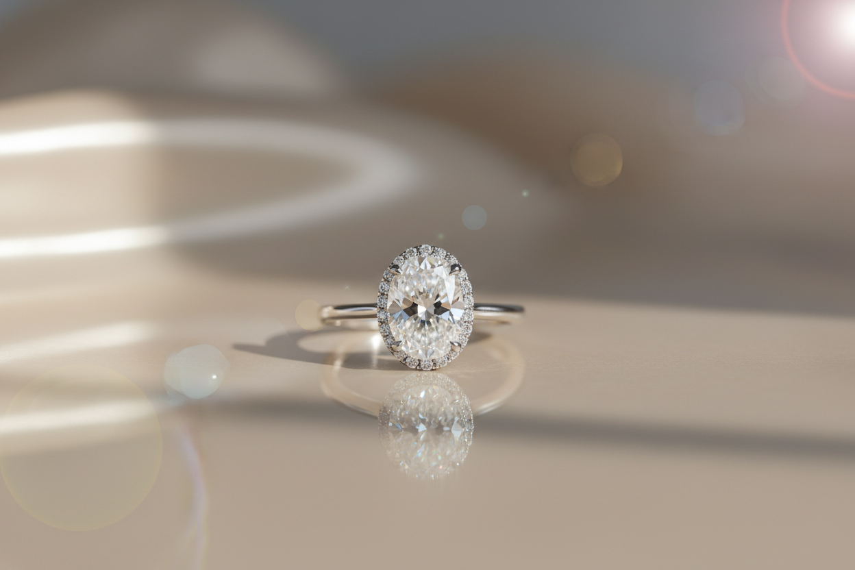A high-end studio photo of a finished lab-grown diamond engagement ring resting on a soft beige or white satin surface. The diamond sparkles under diffused natural light, with elegant reflections and subtle bokeh in the background. The style is minimalist, luxurious, and modern, matching a fine jewelry brand aesthetic. No hands, no tools — just the product in focus. Neutral background tones to complement a clean Shopify layout.