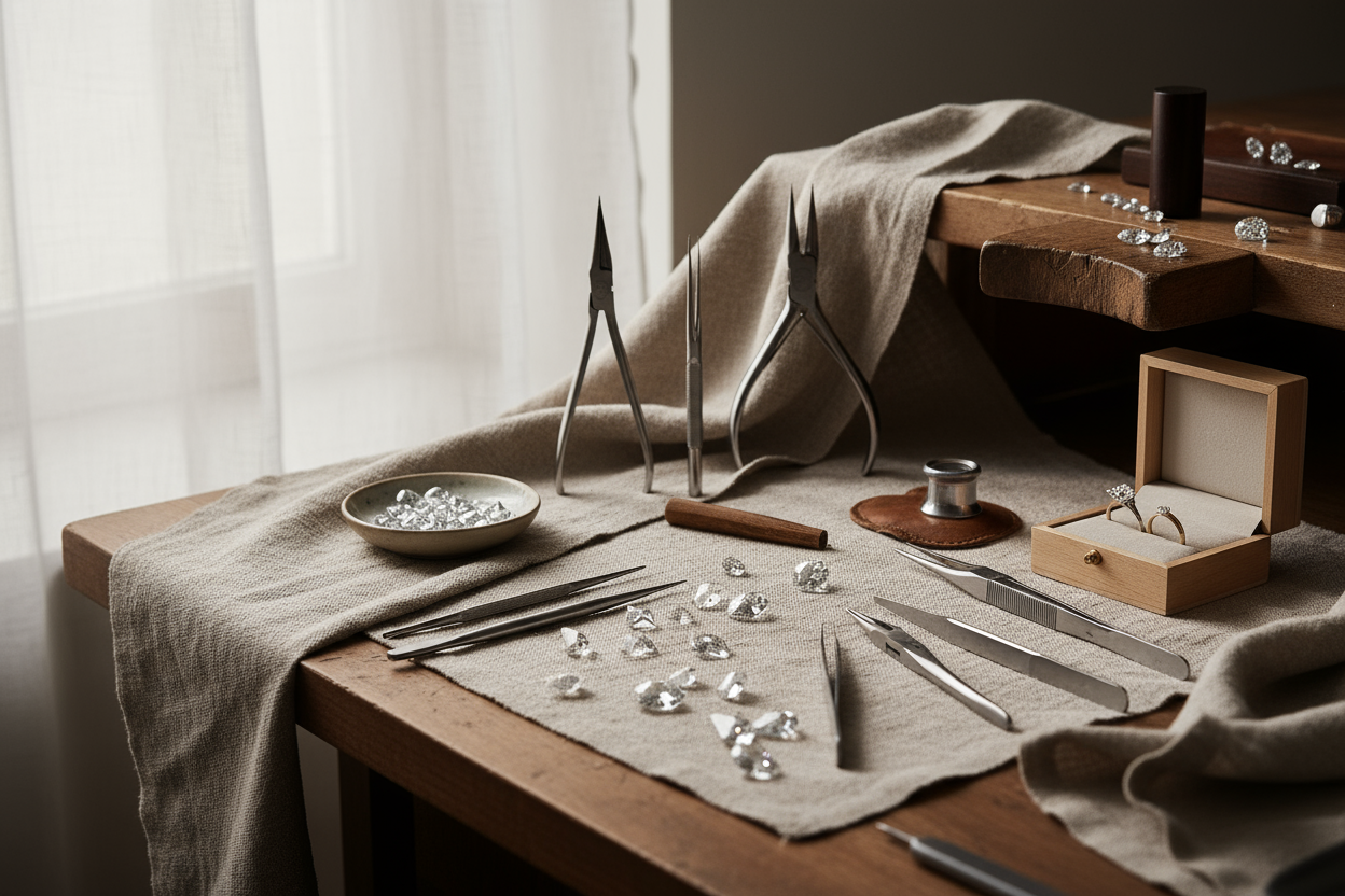 A jeweler’s bench in soft daylight with precision tools, loupe, and scattered loose lab-grown diamonds. Neutral beige tones, linen backdrop, fine-jewelry editorial photography, 8K.