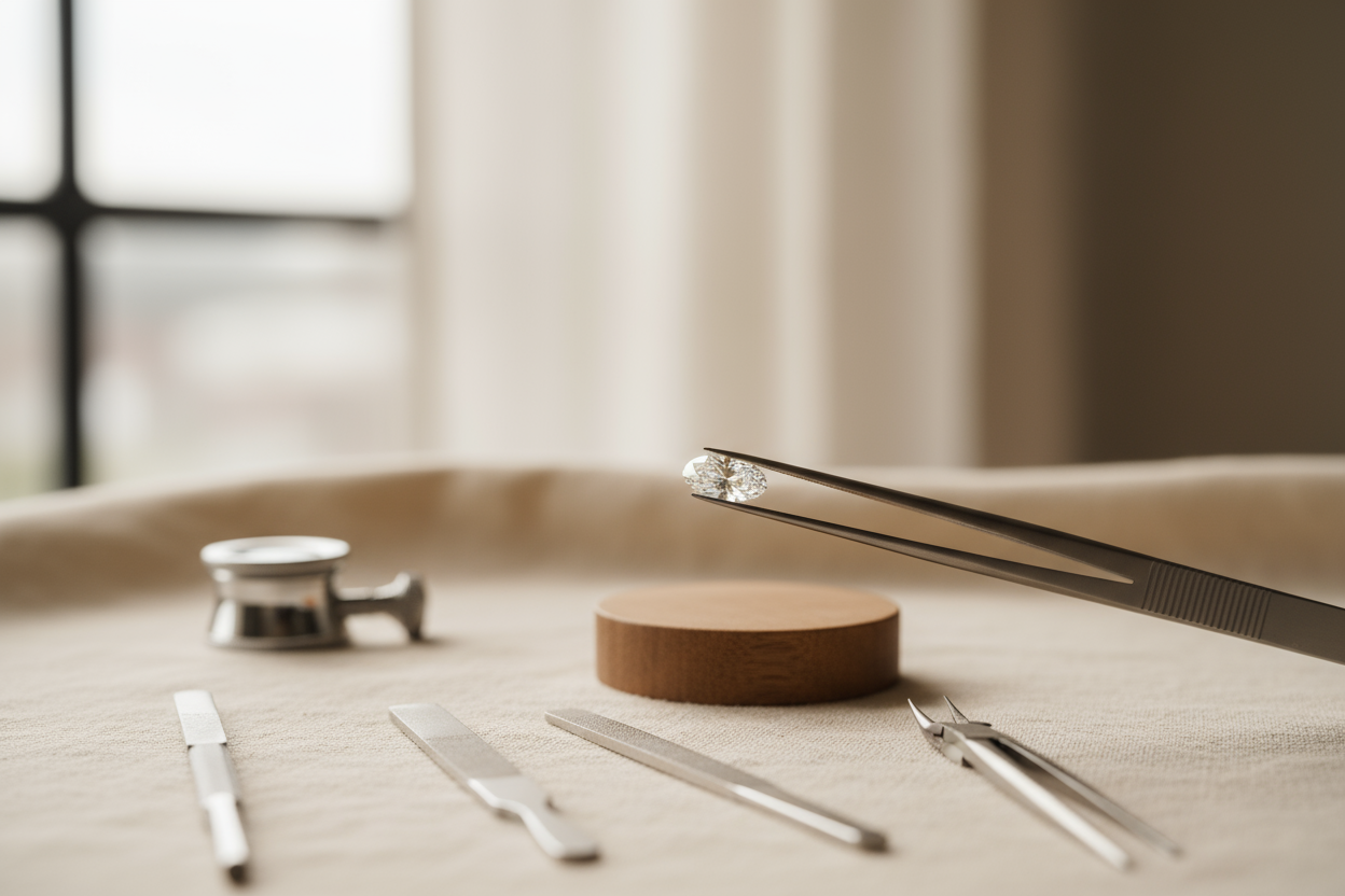 A minimal jewelry studio scene showing precision tools, tweezers holding a loose lab-grown diamond under soft natural light, beige linen background, warm neutral tones (#F4EFEB), shallow depth of field, modern luxury editorial photography, 8K.