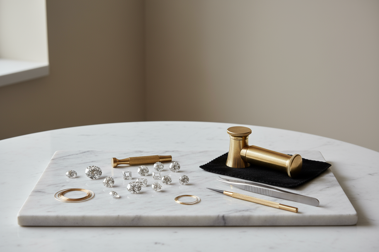 A minimalist jewelry studio scene showing tools, loupe, and loose lab-grown diamonds on a marble tray. Soft diffused daylight, neutral beige background, fine-jewelry craftsmanship aesthetic, elegant composition, 8K luxury editorial photography.