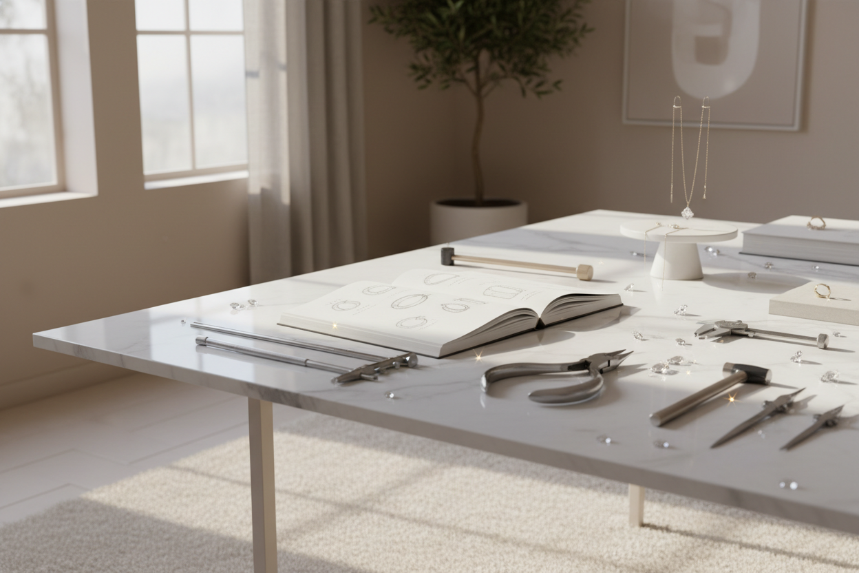 A minimalist jewelry studio scene with soft daylight, neutral beige tones (#F4EFEB palette), a marble surface, sketchbook and tools in view, and subtle diamond sparkle reflections. Modern luxury editorial photography, 8K, soft focus.