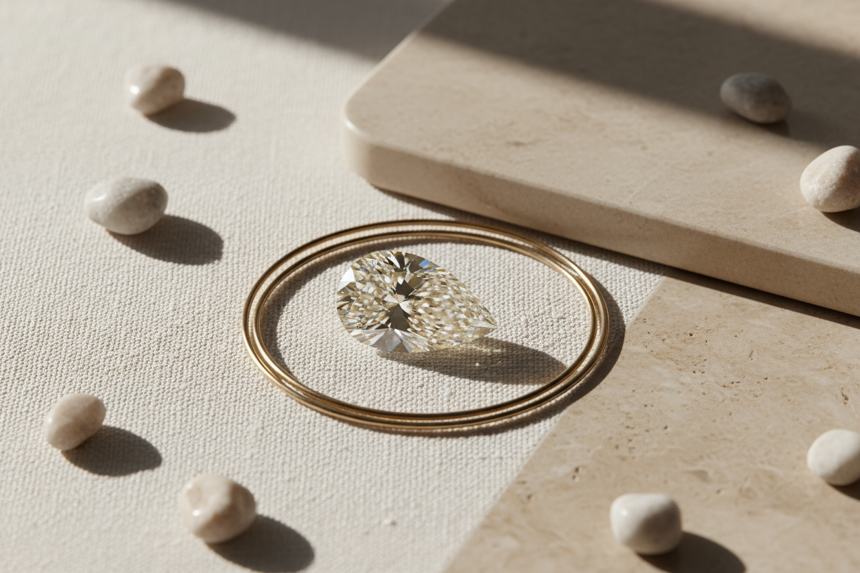 A radiant lab-grown diamond glowing under soft daylight on a linen or marble surface, warm neutral tones, minimal luxury photography, 8K.