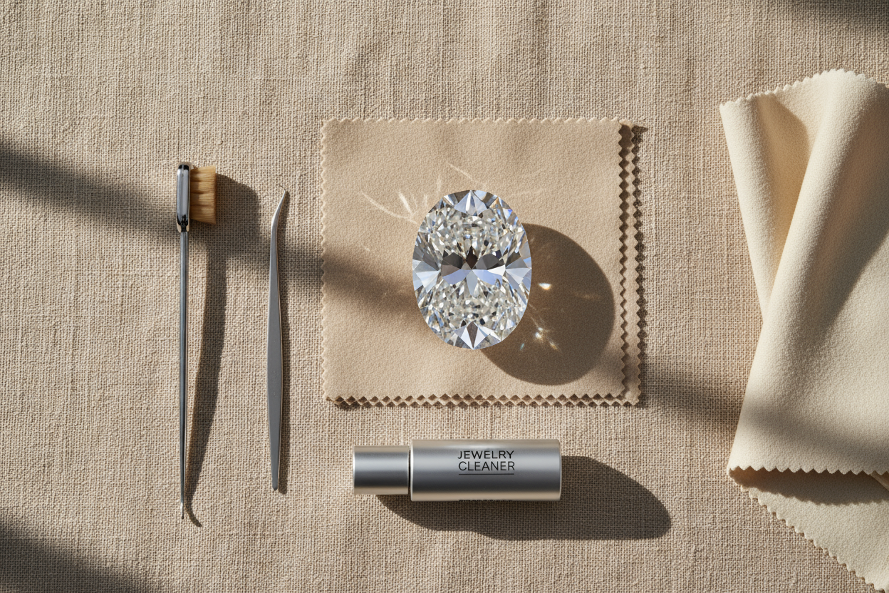 A refined editorial-style flat lay featuring a brilliant lab-grown diamond, soft jewelry cloth, and silver cleaning tools arranged on a warm beige linen surface (#F4EFEB palette). Natural diffused daylight, subtle shadows, high-end fine-jewelry photography aesthetic, 8K resolution.