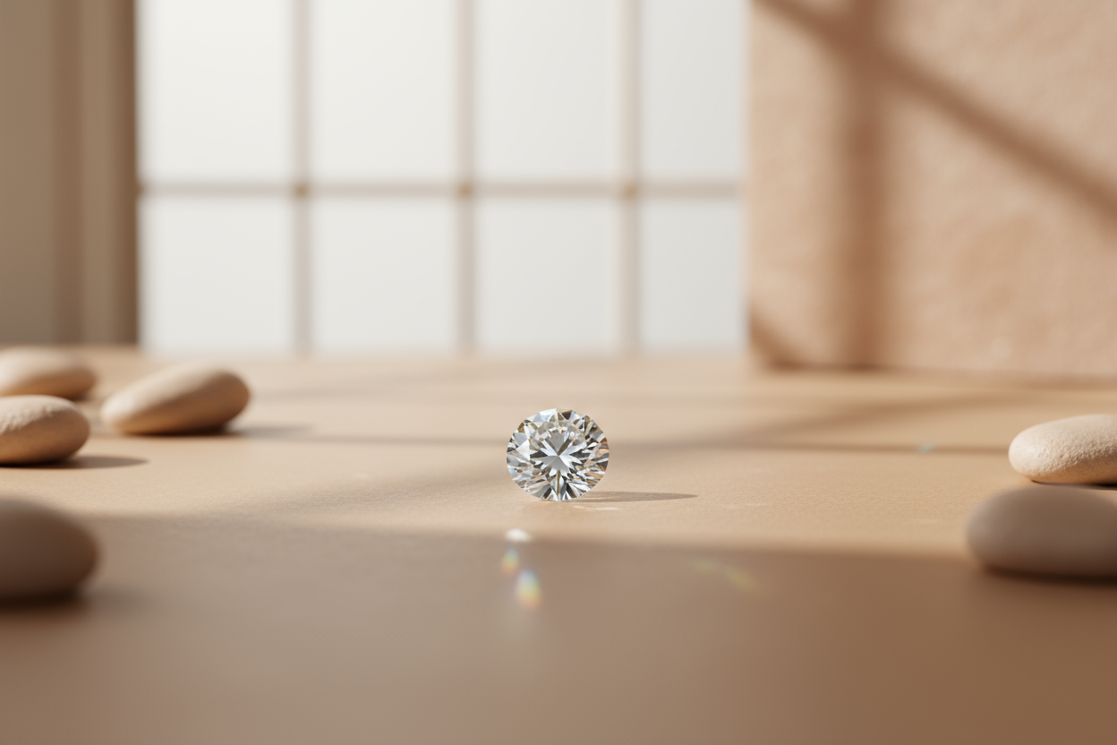 A serene studio environment with soft light, a polished lab-grown diamond reflecting light on a champagne-neutral surface. Minimal product presence, warm tones, editorial style.