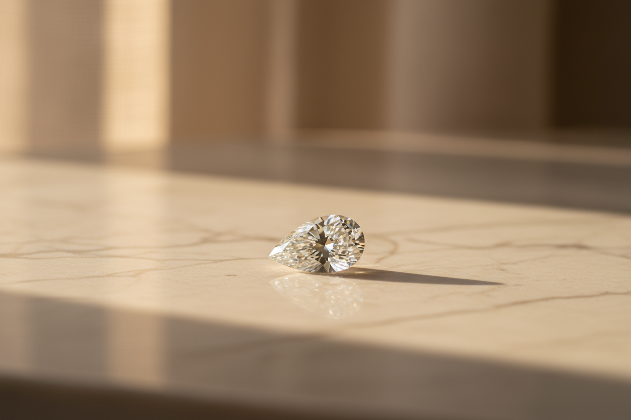 A single lab-grown diamond placed on a clean, beige marble surface with morning sunlight creating soft reflections. Background softly blurred. Warm, minimal, editorial fine-jewelry aesthetic, 8K.