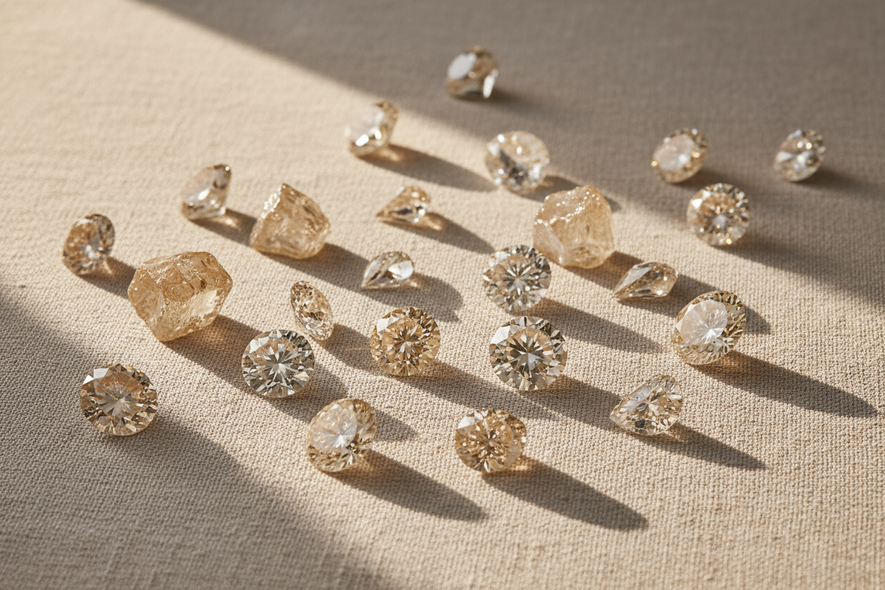 A soft, editorial photograph of scattered lab-grown diamonds glimmering under natural sunlight on a neutral linen surface. Light flares and soft shadows create a warm, minimal, luxury aesthetic. Beige and champagne tones, modern composition, fine-jewelry brand style, 8K.