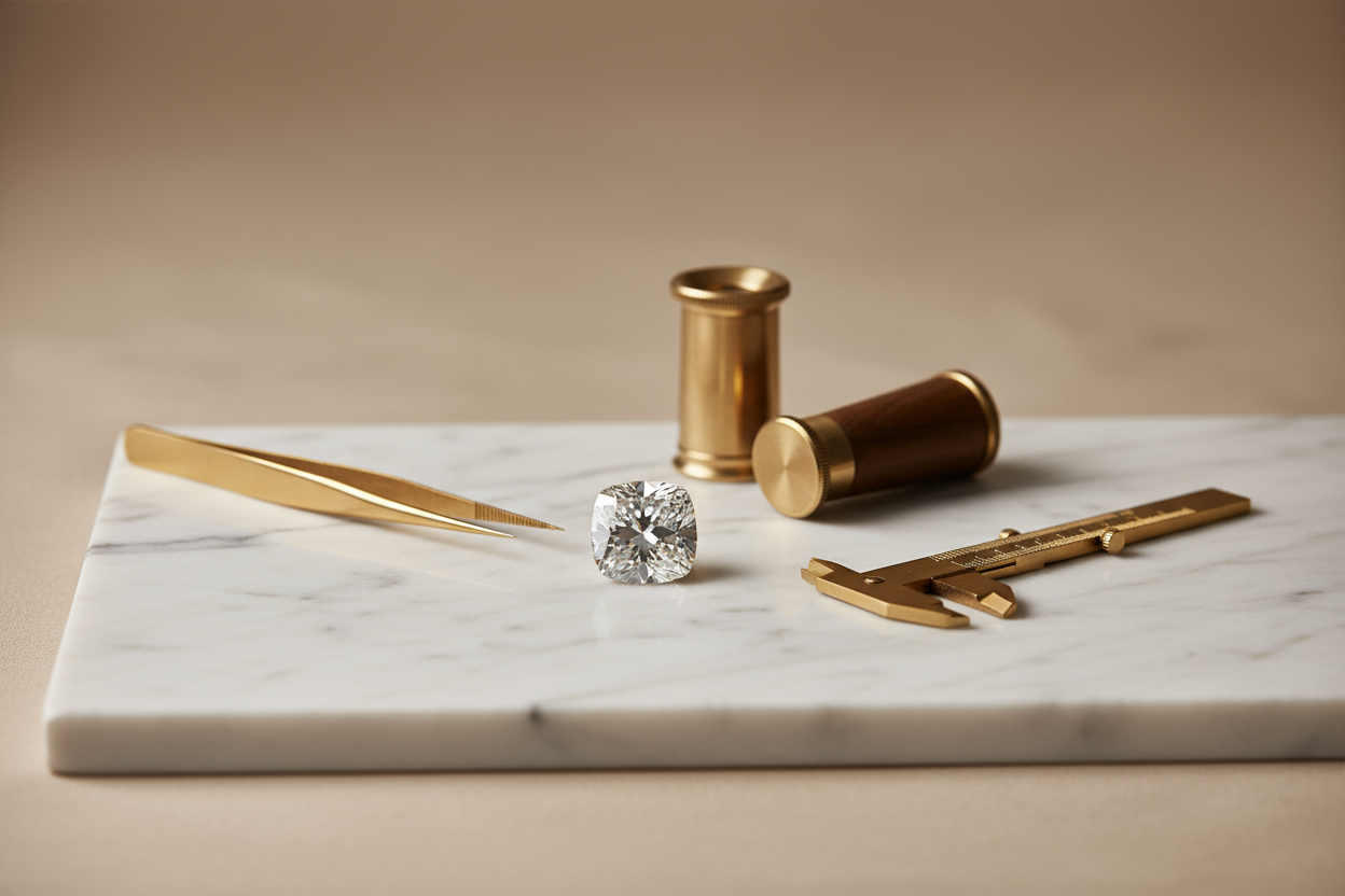 A softly lit minimalist studio shot of a marble surface with a lab-grown diamond beside precision tools. Warm neutral tones, shallow depth of field, fine jewelry editorial photography, 8K
