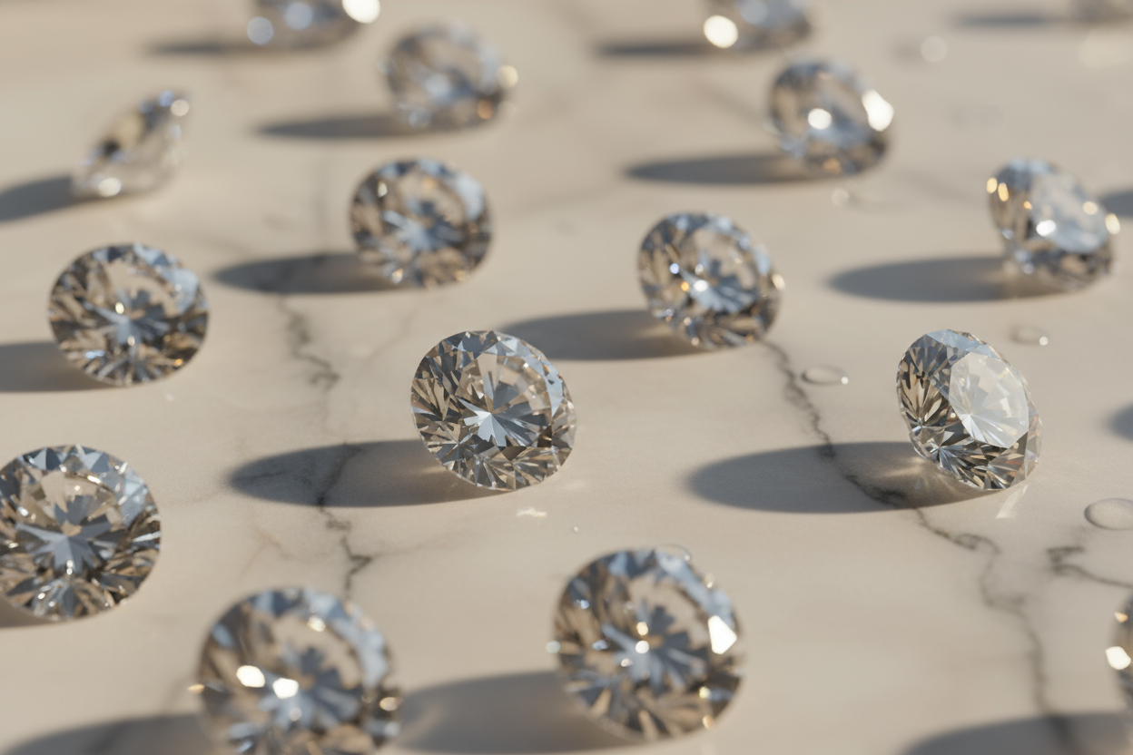 Close-up macro of brilliant-cut lab-grown diamonds on a marble surface, natural light reflections creating soft sparkles. Warm neutral palette (#F4EFEB tones), minimal composition, 8K.