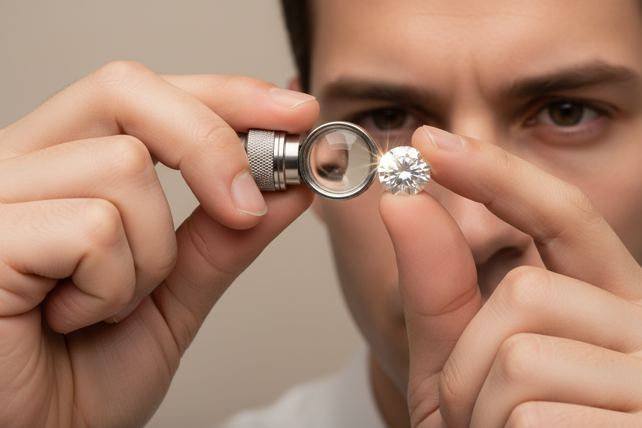Close-up of a jeweller’s hand using a loupe to inspect a lab-grown diamond. Beige neutral background (#F4EFEB palette), perfect lighting, editorial atmosphere.