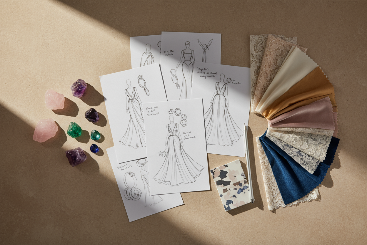 Flat lay of design sketches, gemstone samples, and fabric swatches on a beige tabletop. Gentle sunlight, soft shadows, minimalist luxury editorial style, 8K.