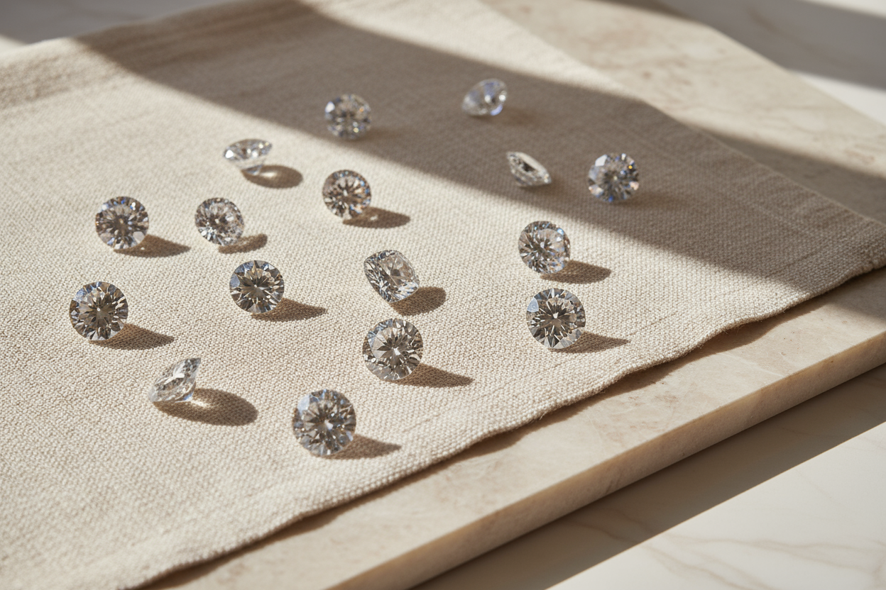 Loose lab-grown diamonds arranged on a marble or linen surface, soft sunlight casting natural reflections and shadows, beige and ivory palette, airy minimalist composition, fine jewelry product photography, 8K.